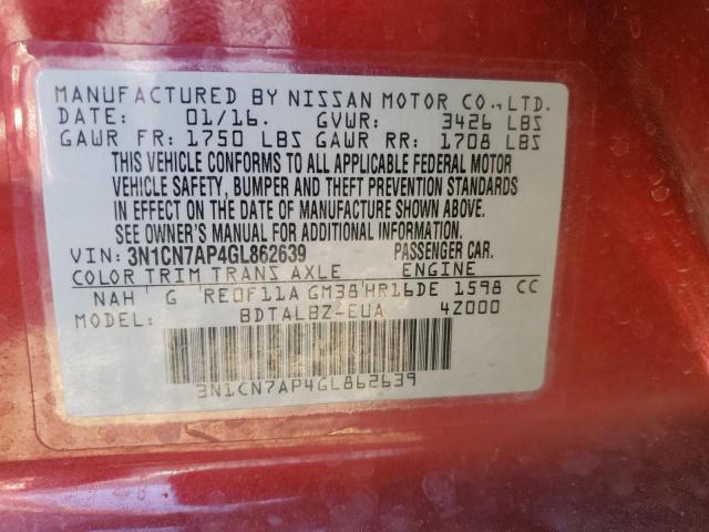 3N1CN7AP4GL862639 - 2016 NISSAN VERSA S RED photo 13