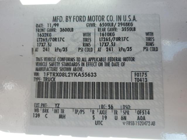 1FTRX08L2YKA55633 - 2000 FORD F150 WHITE photo 12