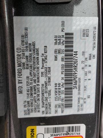 3FA6P0T95HR207744 - 2017 FORD FUSION SE GRAY photo 12