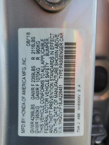 1HGCV1F18JA226451 - 2018 HONDA ACCORD LX SILVER photo 12