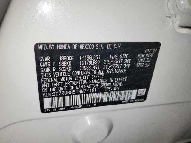 3CZRU6H51NM744011 - 2022 HONDA HR-V EX WHITE photo 12