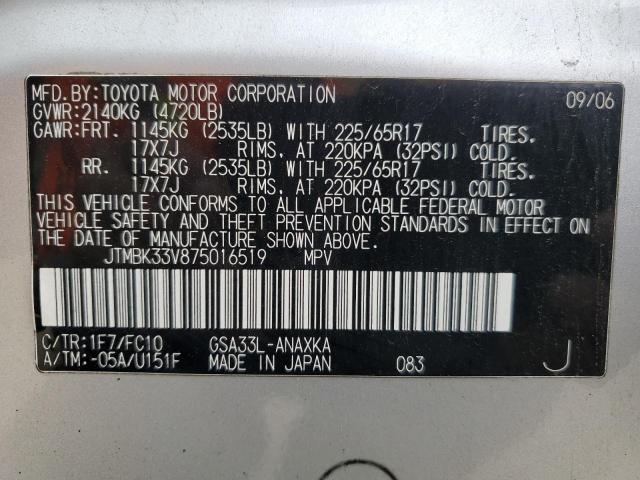 JTMBK33V875016519 - 2007 TOYOTA RAV4 SILVER photo 12