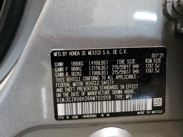 3CZRU6H36NM702058 - 2022 HONDA HR-V LX SILVER photo 12