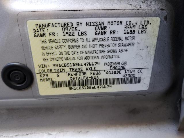 3N1CB51D26L476674 - 2006 NISSAN SENTRA 1.8 SILVER photo 12