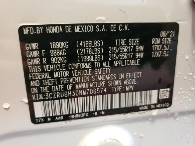 3CZRU6H30NM706574 - 2022 HONDA HR-V LX WHITE photo 13