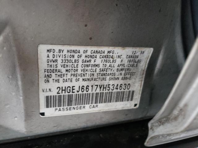 2HGEJ6617YH534630 - 2000 HONDA CIVIC BASE SILVER photo 12