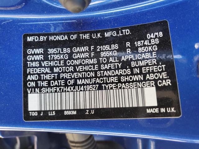 SHHFK7H4XJU419527 - 2018 HONDA CIVIC SPOR BLUE photo 12