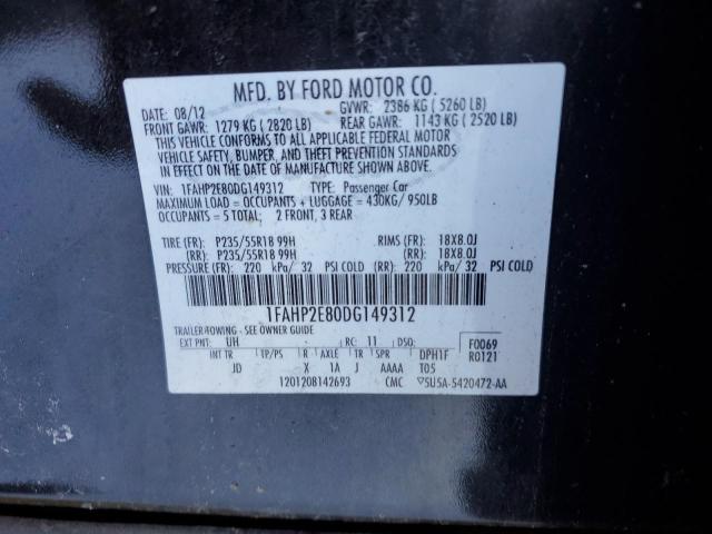 1FAHP2E80DG149312 - 2013 FORD TAURUS SEL BLACK photo 12