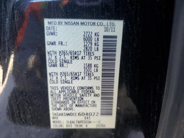 5N1AR1NN0CC604022 - 2012 NISSAN PATHFINDER S 黑色 照片 12