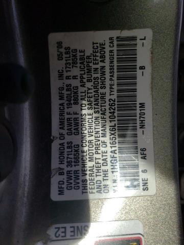 1HGFA165X6L104262 - 2006 HONDA CIVIC LX GRAY photo 12