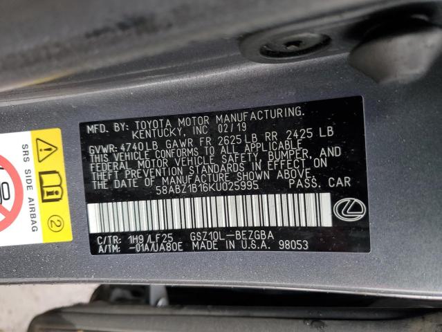 58ABZ1B16KU025995 - 2019 LEXUS ES 350 GRAY photo 12