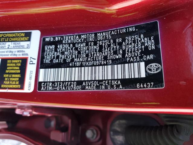 4T1BF1FK0FU978419 - 2015 TOYOTA CAMRY LE RED photo 12