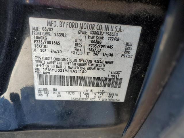 1FMYU03193KA34180 - 2003 FORD ESCAPE XLT BLACK photo 12