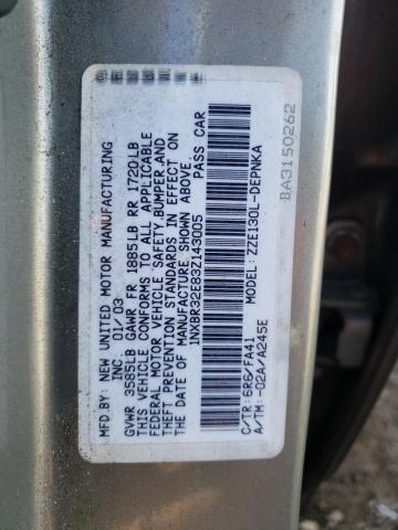 1NXBR32E83Z143005 - 2003 TOYOTA COROLLA CE GRAY photo 12