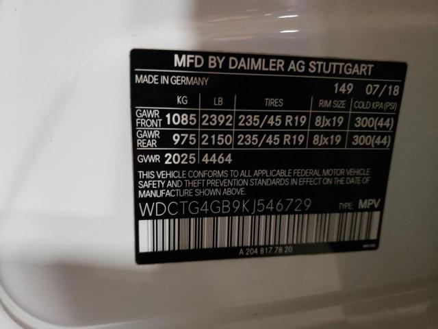 WDCTG4GB9KJ546729 - 2019 MERCEDES-BENZ GLA 250 4MATIC WHITE photo 12