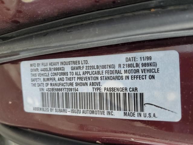 4S3BE6866Y7209154 - 2000 SUBARU LEGACY OUTBACK LIMITED MAROON photo 12