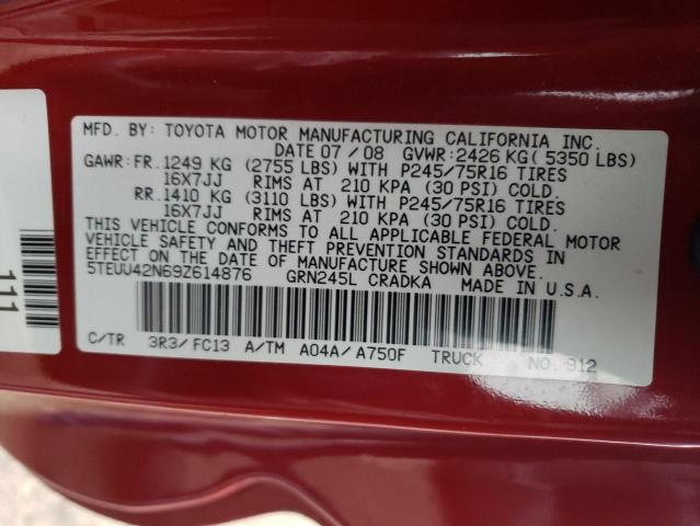 5TEUU42N69Z614876 - 2009 TOYOTA TACOMA ACCESS CAB წითელი ფოტო 12