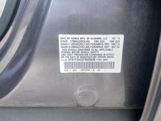 5FNYF3H53FB025620 - 2015 HONDA PILOT EXL BLUE photo 10