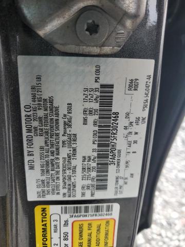 3FA6P0H75FR302468 - 2015 FORD FUSION SE GRAY photo 12