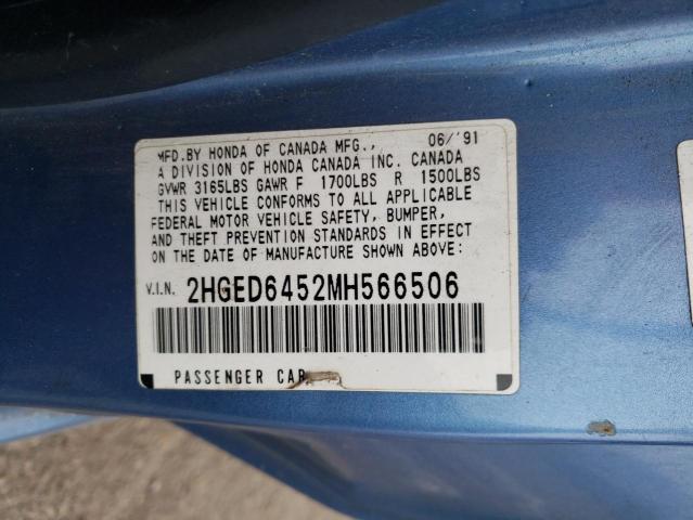 2HGED6452MH566506 - 1991 HONDA CIVIC DX BLUE photo 12