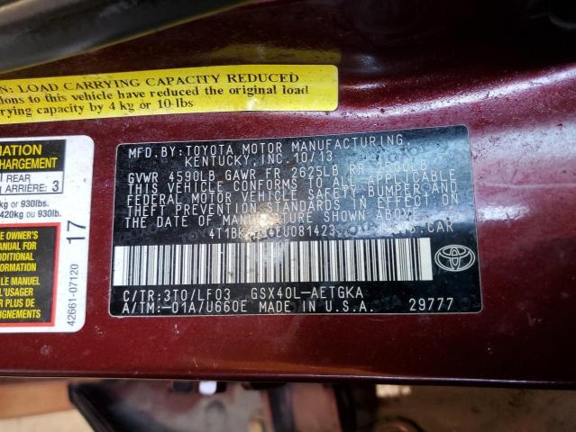 4T1BK1EB4EU081423 - 2014 TOYOTA AVALON BASE RED photo 12