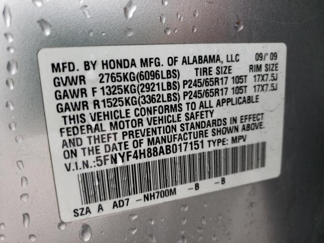 5FNYF4H88AB017151 - 2010 HONDA PILOT TOURING SILVER photo 13