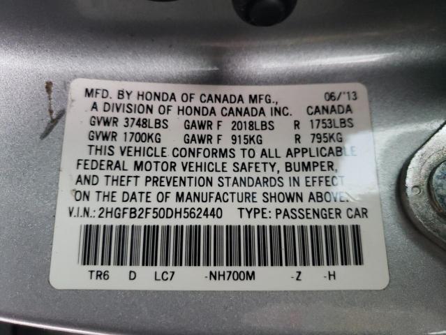 2HGFB2F50DH562440 - 2013 HONDA CIVIC LX SILVER photo 12