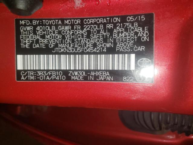 JTDKN3DU5F0454214 - 2015 TOYOTA PRIUS RED photo 12