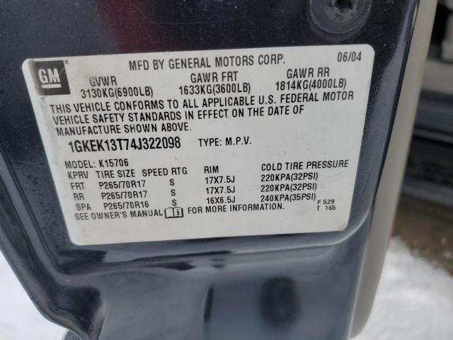 1GKEK13T74J322098 - 2004 GMC YUKON BLACK photo 12