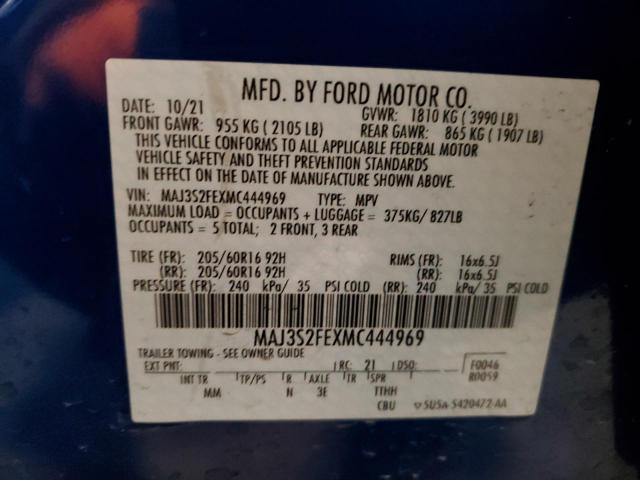 MAJ3S2FEXMC444969 - 2021 FORD ECOSPORT S BLUE photo 12