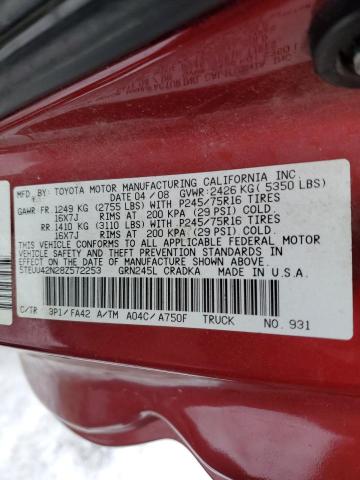 5TEUU42N28Z572253 - 2008 TOYOTA TACOMA ACCESS CAB Қызыл фото 12