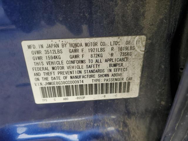 JHMGE8G38CC000974 - 2012 HONDA FIT BLUE photo 12