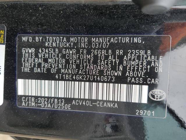 4T1BE46K27U140673 - 2007 TOYOTA CAMRY CE BLACK photo 12