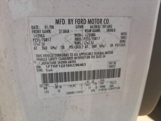 1FTRF12218KC96463 - 2008 FORD F150 WHITE photo 10