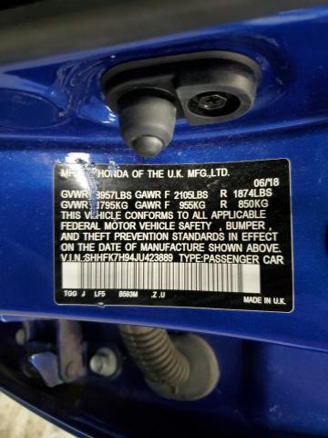 SHHFK7H94JU423889 - 2018 HONDA CIVIC SPORT TOURING BLUE photo 12
