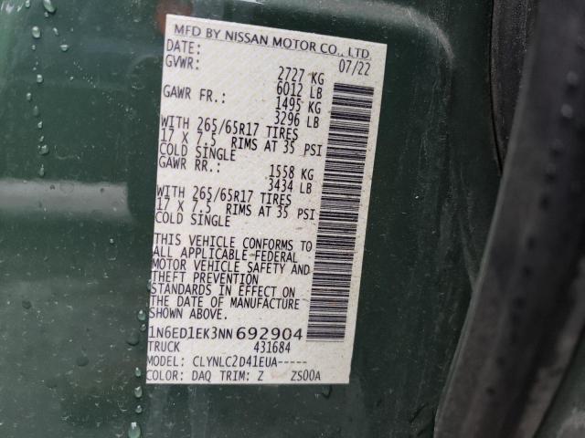 1N6ED1EK3NN692904 - 2022 NISSAN FRONTIER S GREEN photo 12