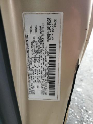 5TESM92N22Z089759 - 2002 TOYOTA TACOMA XTRACAB PRERUNNER 金色 照片 12