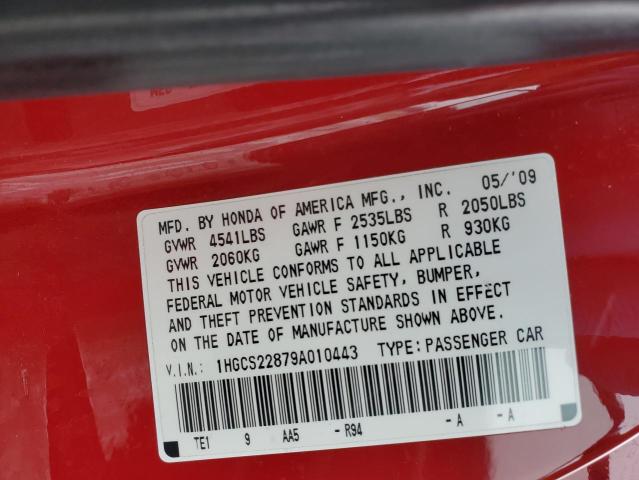 1HGCS22879A010443 - 2009 HONDA ACCORD EXL RED photo 12