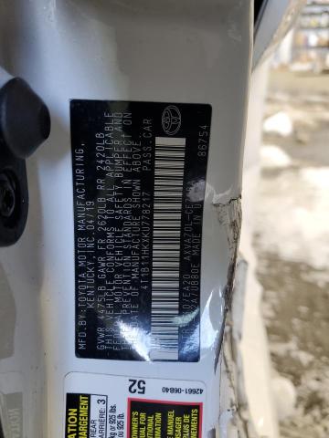 4T1B11HKXKU778217 - 2019 TOYOTA CAMRY L WHITE photo 12