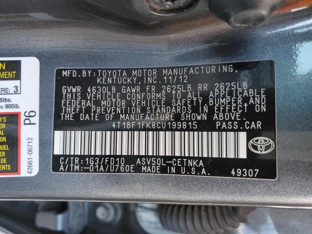 4T1BF1FK8CU199815 - 2012 TOYOTA CAMRY BASE GRAY photo 12