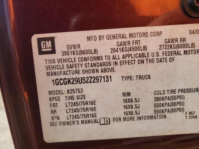 1GCGK29U52Z297131 - 2002 CHEVROLET SILV2500 4 K2500 BURGUNDY photo 10