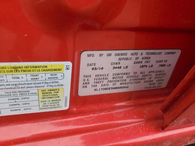 KL1TD6DE5AB095940 - 2010 CHEVROLET AVEO LS RED photo 12