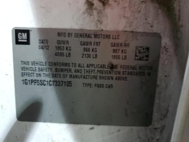 1G1PF5SC1C7337105 - 2012 CHEVROLET CRUZE LT WHITE photo 12