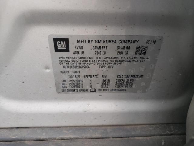 KL7CJKSB2JB722836 - 2018 CHEVROLET TRAX LS SILVER photo 12