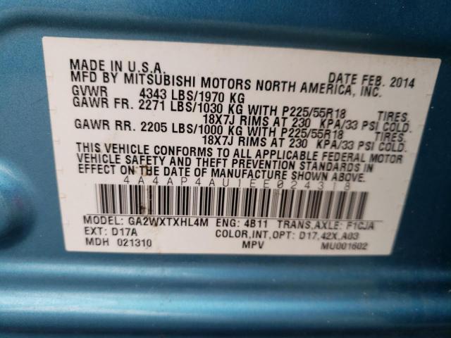 4A4AP4AU1EE024318 - 2014 MITSUBISHI OUTLANDER SE TURQUOISE photo 13