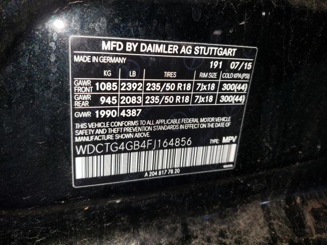 WDCTG4GB4FJ164856 - 2015 MERCEDES-BENZ GLA 250 4MATIC BLACK photo 12