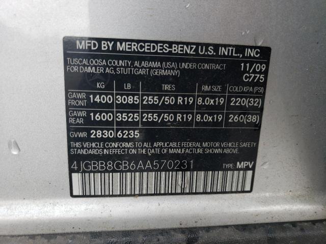 4JGBB8GB6AA570231 - 2010 MERCEDES-BENZ ML 350 4MATIC SILVER photo 12
