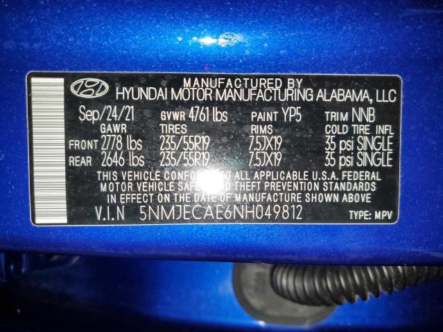 5NMJECAE6NH049812 - 2022 HYUNDAI TUCSON LIMITED BLUE photo 13