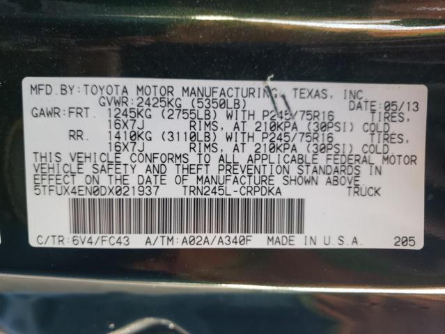 5TFUX4EN0DX021937 - 2013 TOYOTA TACOMA ACCESS CAB მწვანე ფოტო 13