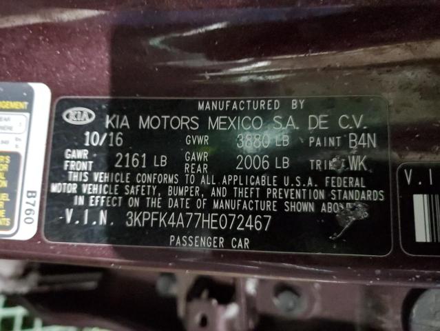 3KPFK4A77HE072467 - 2017 KIA FORTE LX BURGUNDY photo 12